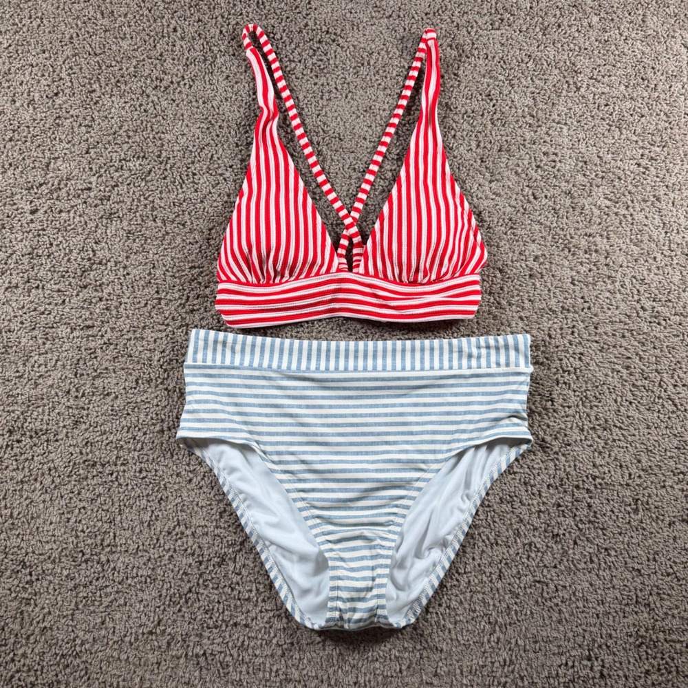 NWT Striped‎ Bikini Set Red Blue White Large Nautical beach swim travel coastal